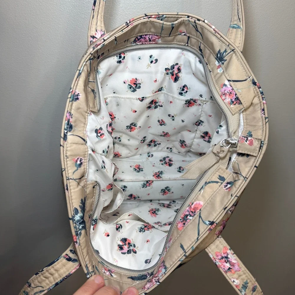 Vera Bradley Strawflowers Quilted Tote Bag Tan Pink Floral Shoulder Bag Zip Top
